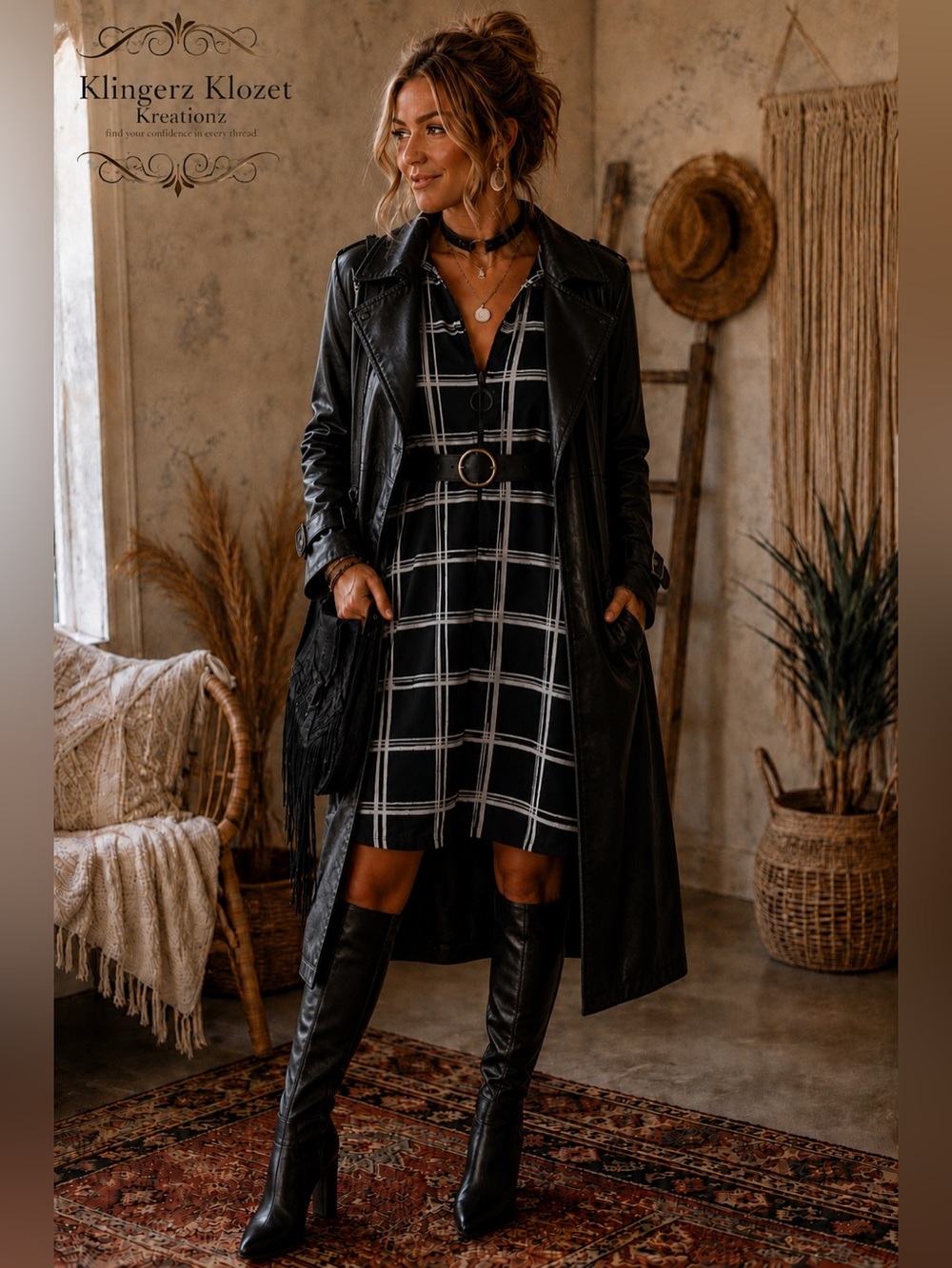 Cocomos Black & White Windowpane Plaid Zip Front Shirt Dress Size L